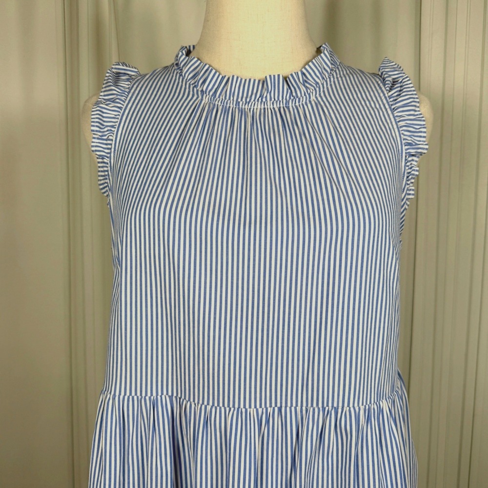J.Crew Factory Re-Imagined Striped Tiered Midi Dress Pockets Blue White 6P - Picture 2 of 16